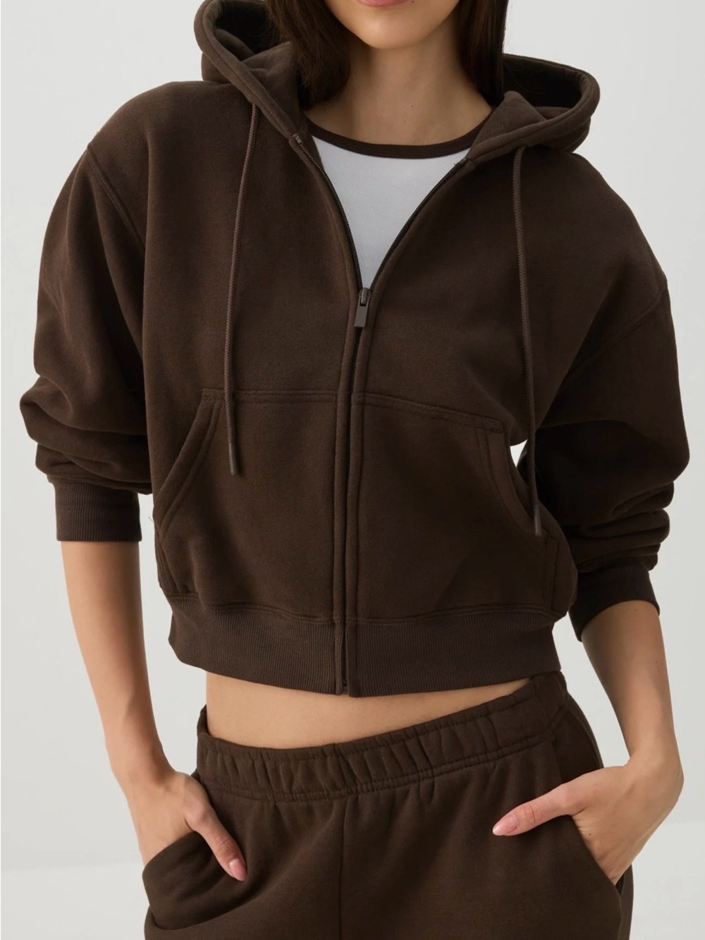 Ardene Dark Brown Cropped Zip-Up Hoodie Small